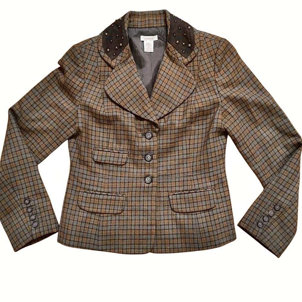 Sundance Brown Plaid Wool Blazer Jacket Studded Collar Women's Size 2 or 4 Lined - Picture 3 of 16